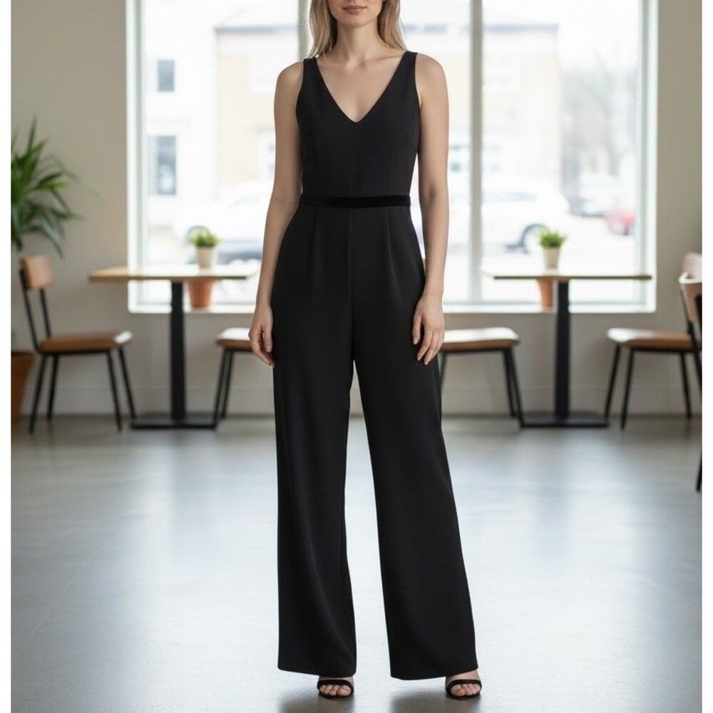 Jay Godfrey Black Wide Leg Jumpsuit Velvet Tie V-Neck Sleeveless Size 6